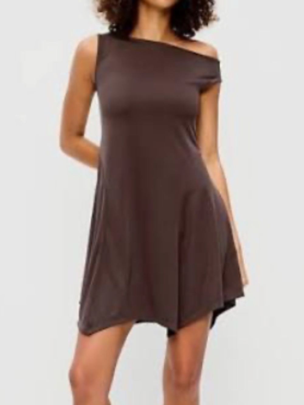 NWT Old Navy Fit & Flare Asymmetrical Shoulder Mini Dress Brown Medium
